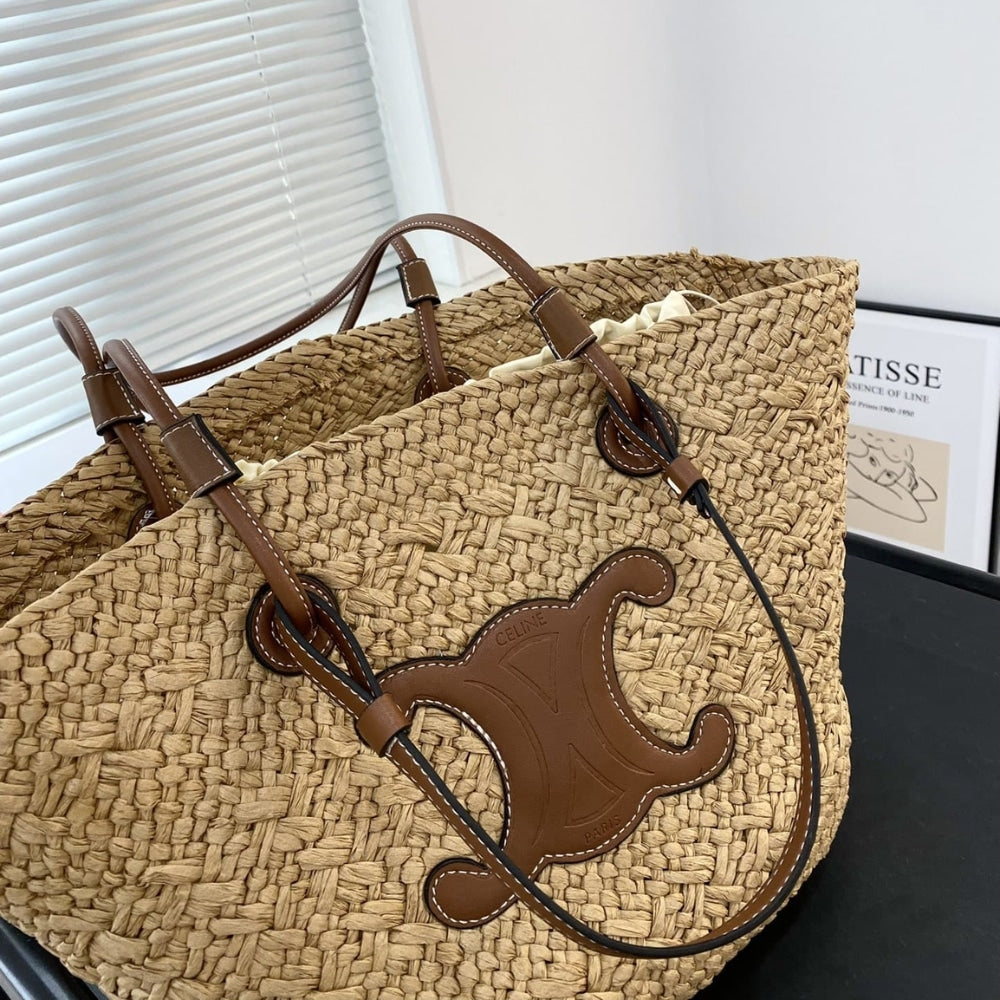 Celine Triomphe Panier Raffia In Palm Tan 50cm