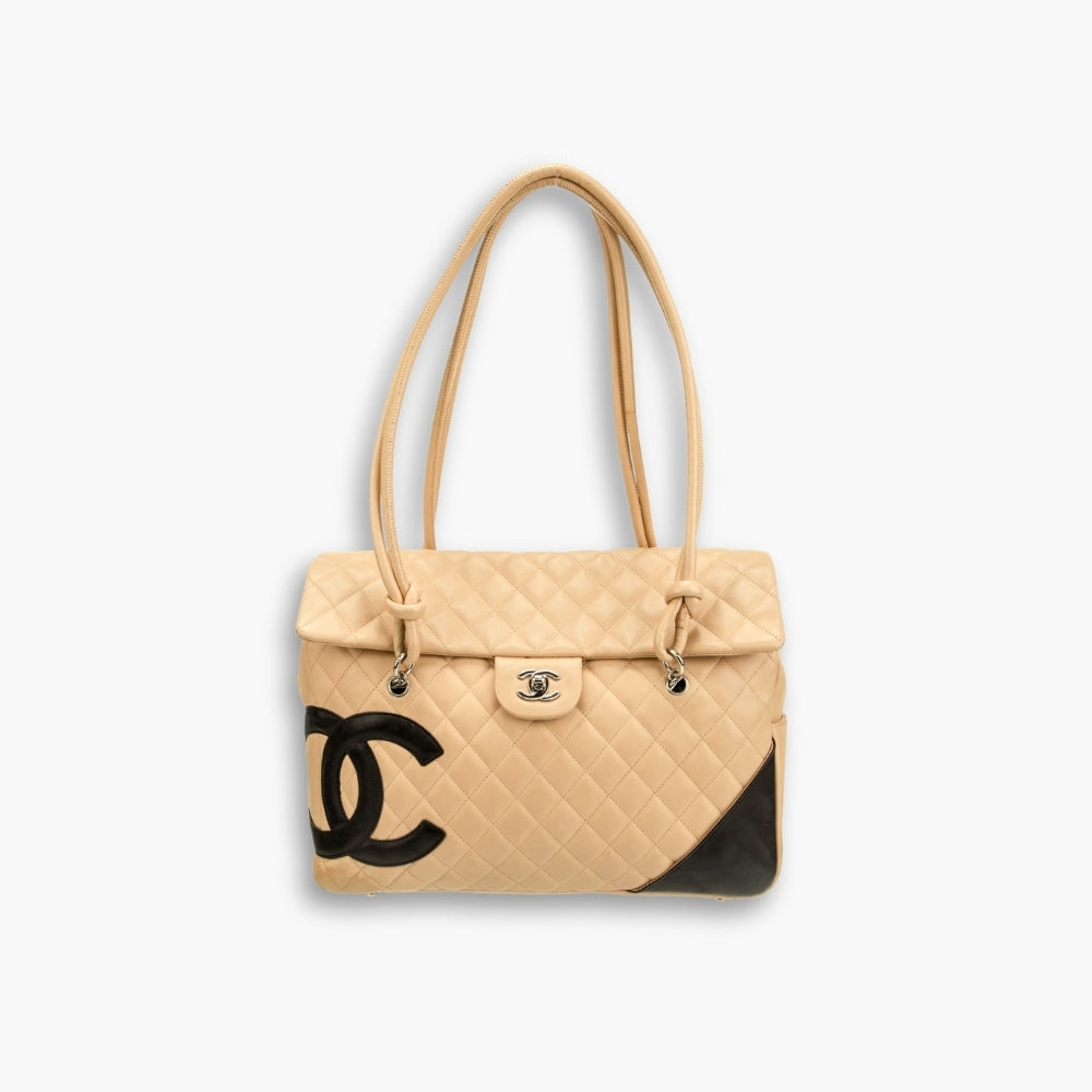 Chanel Cambon Shopping Bag Quilted Beige And Black 36cm