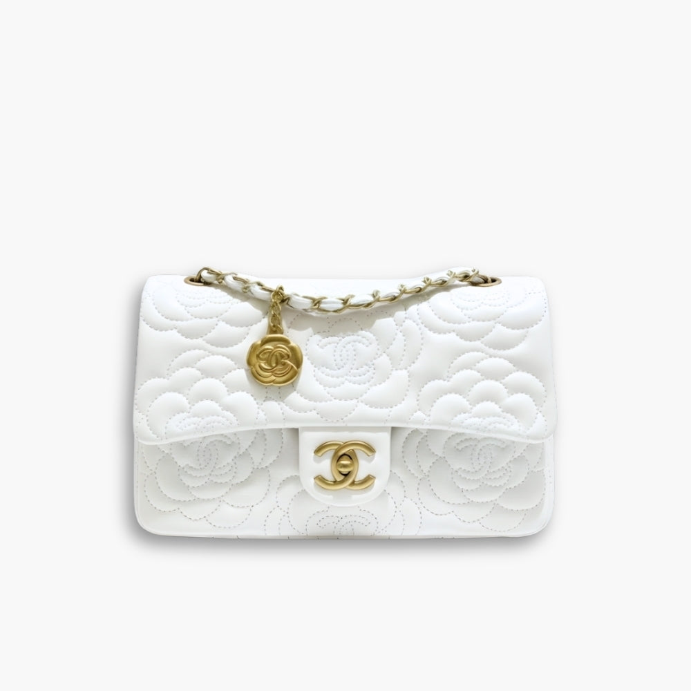 Chanel Flap Bag With Camellia Flower Chain White 26cm
