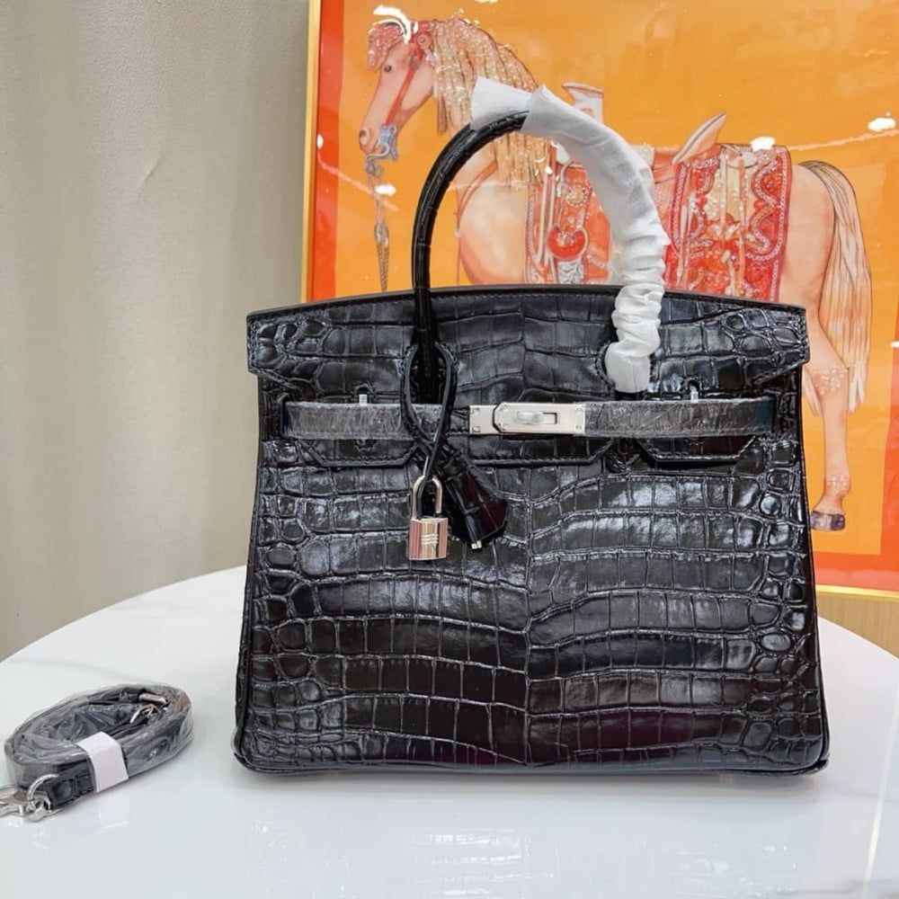 Hermes Birkin Silver Hardware Black Shiny 25Cm