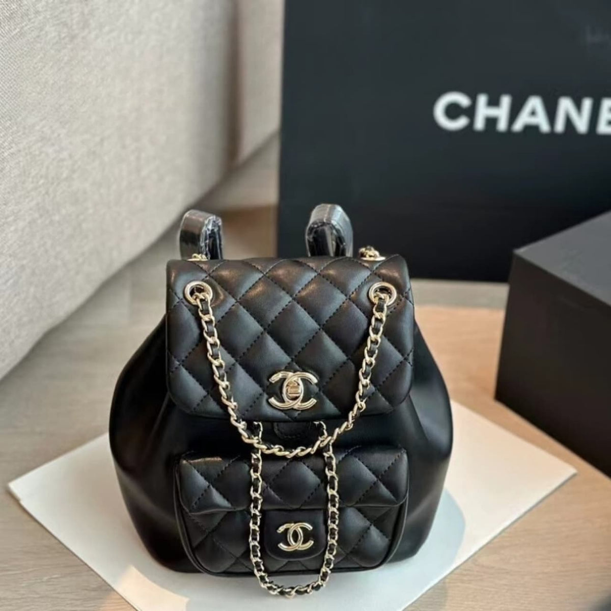 Chanel 22 Mini Duma Backpack With Gold Hardware Black 20cm
