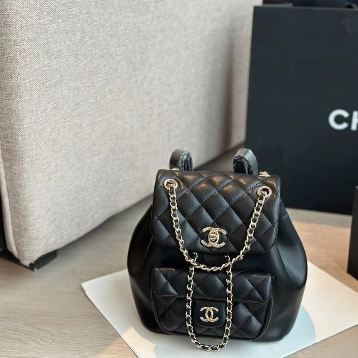 Chanel 22 Mini Duma Backpack With Gold Hardware Black 20cm
