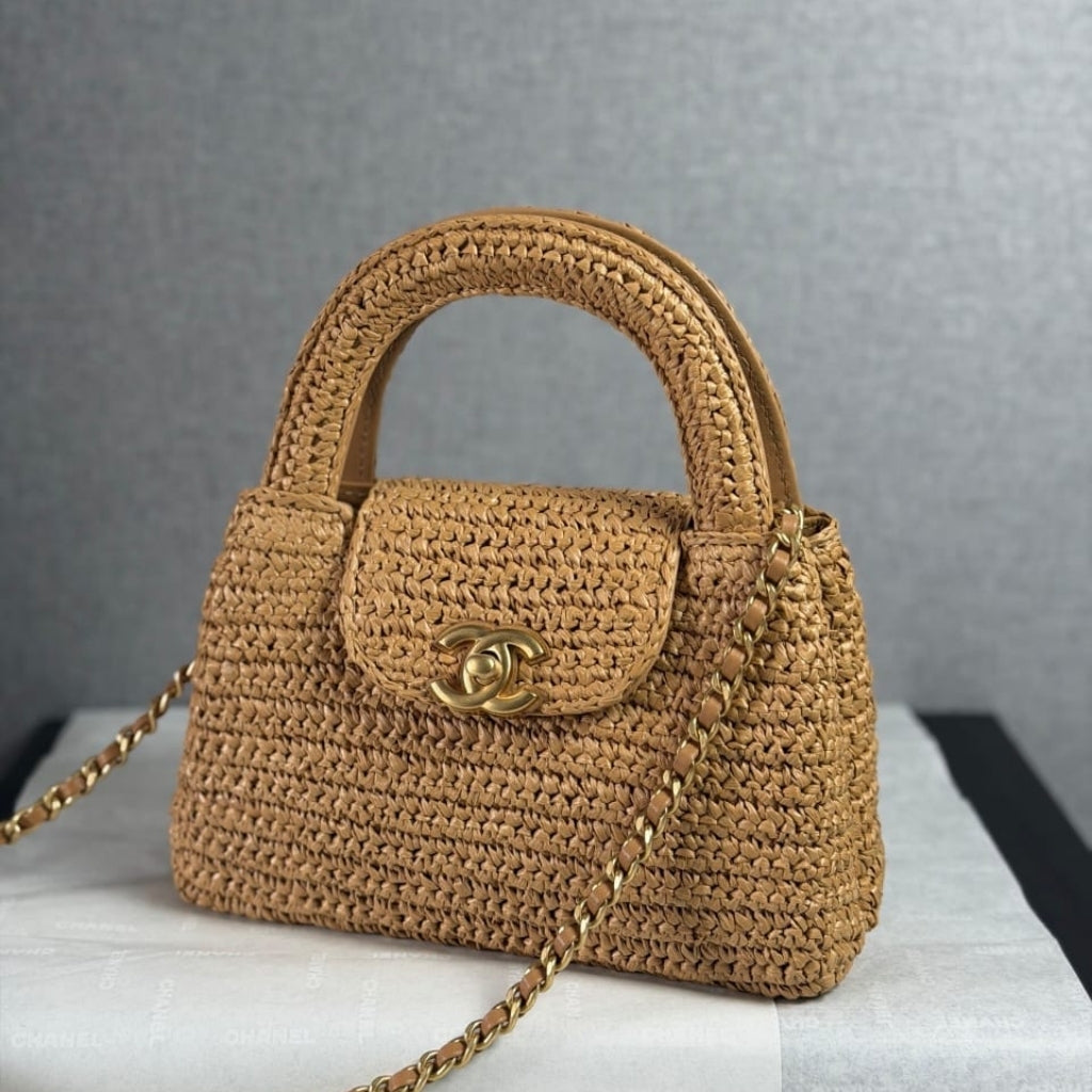 Mirror Quality – Chanel Mini Shopping Bag Braided Raffia And Gold Tone Dark Beige 19Cm AS4416 B22677 U5552