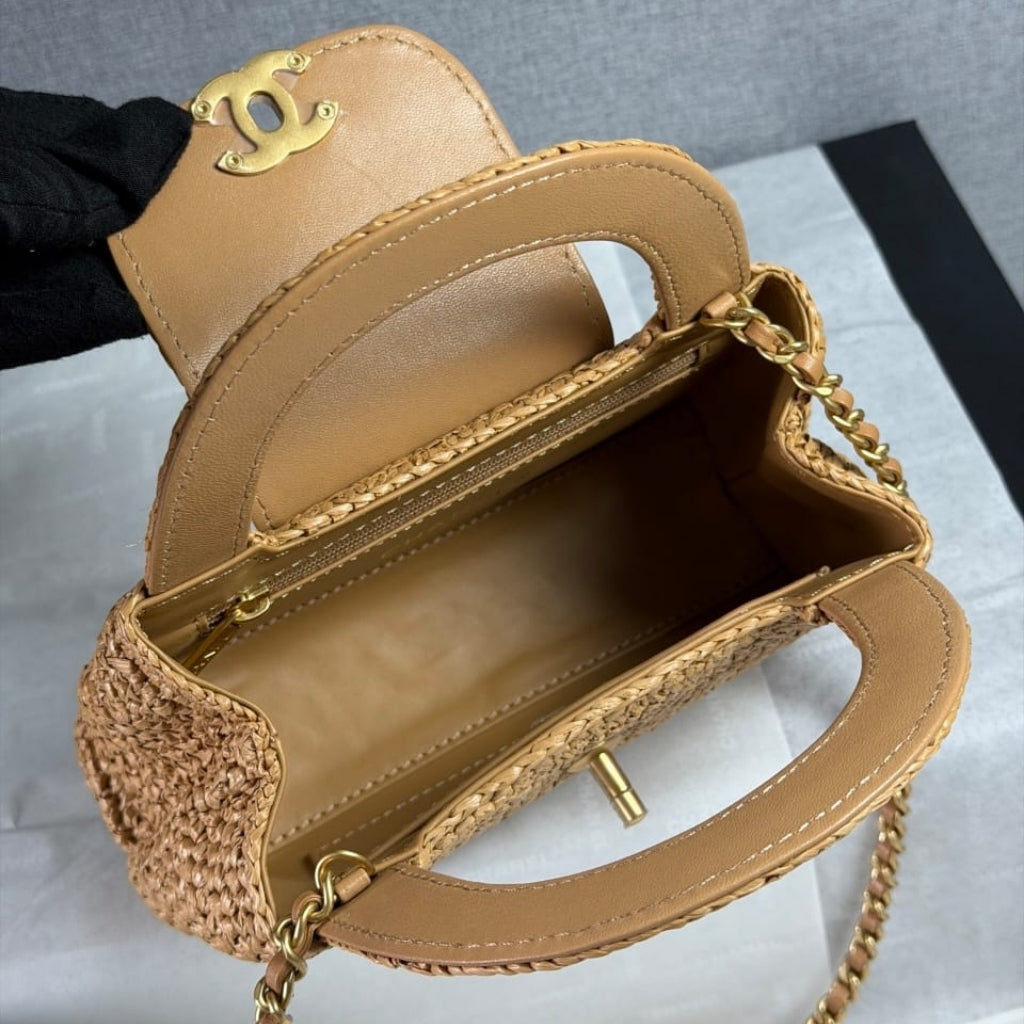Mirror Quality – Chanel Mini Shopping Bag Braided Raffia And Gold Tone Dark Beige 19Cm AS4416 B22677 U5552