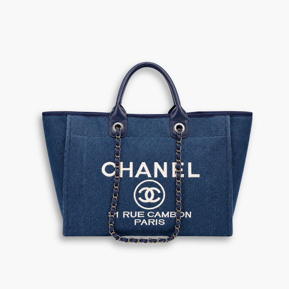 Chanel Deauville Medium Tote In Denim Silver Tone Dark Blue 38cm