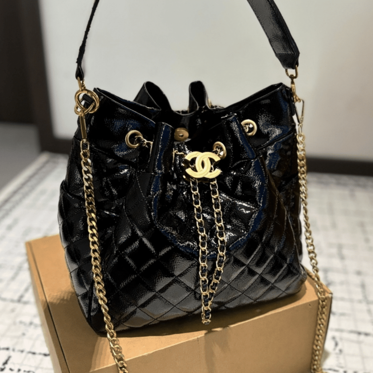 Chanel Draw String Bucket Bag Black 27Cm