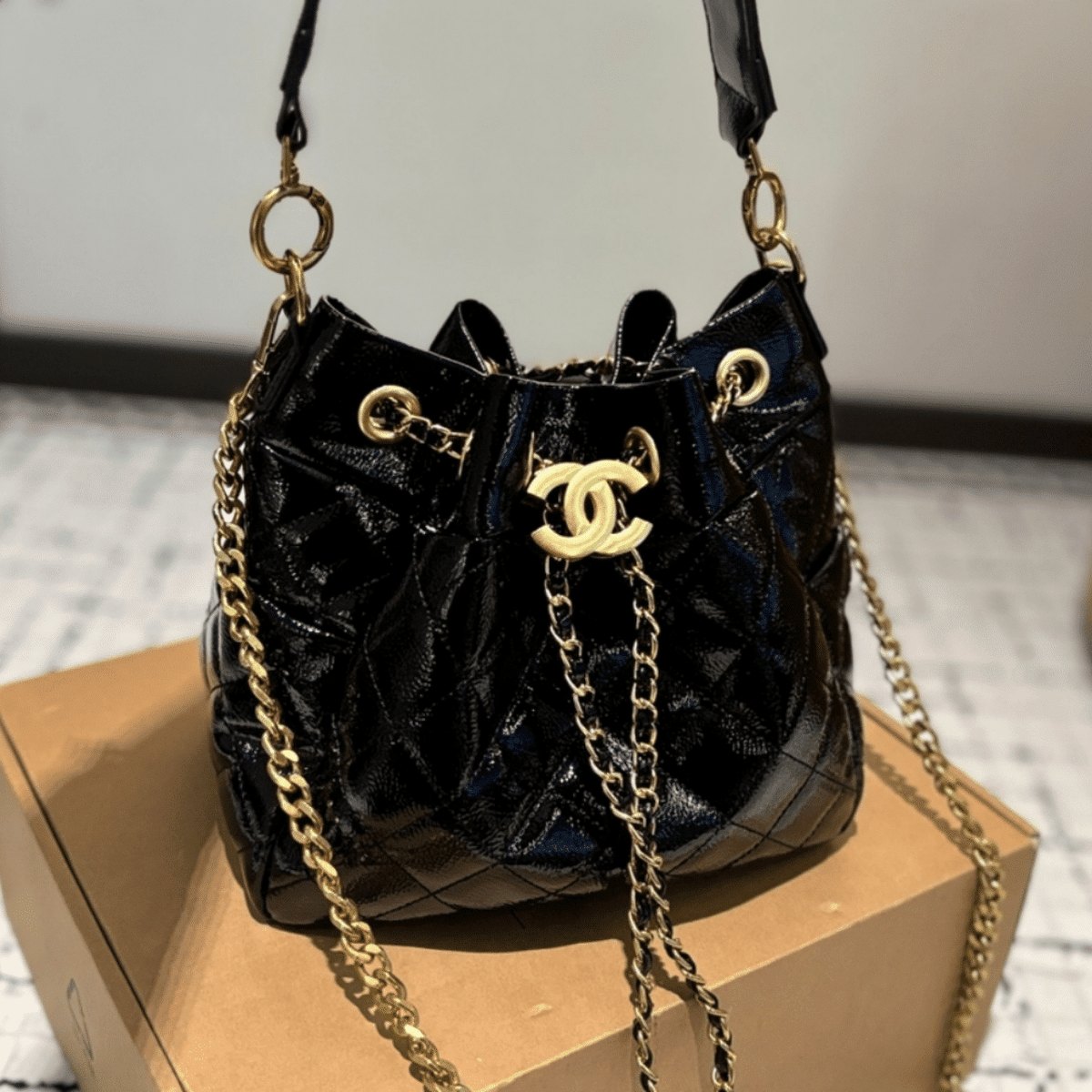 Chanel Draw String Bucket Bag Black 27Cm