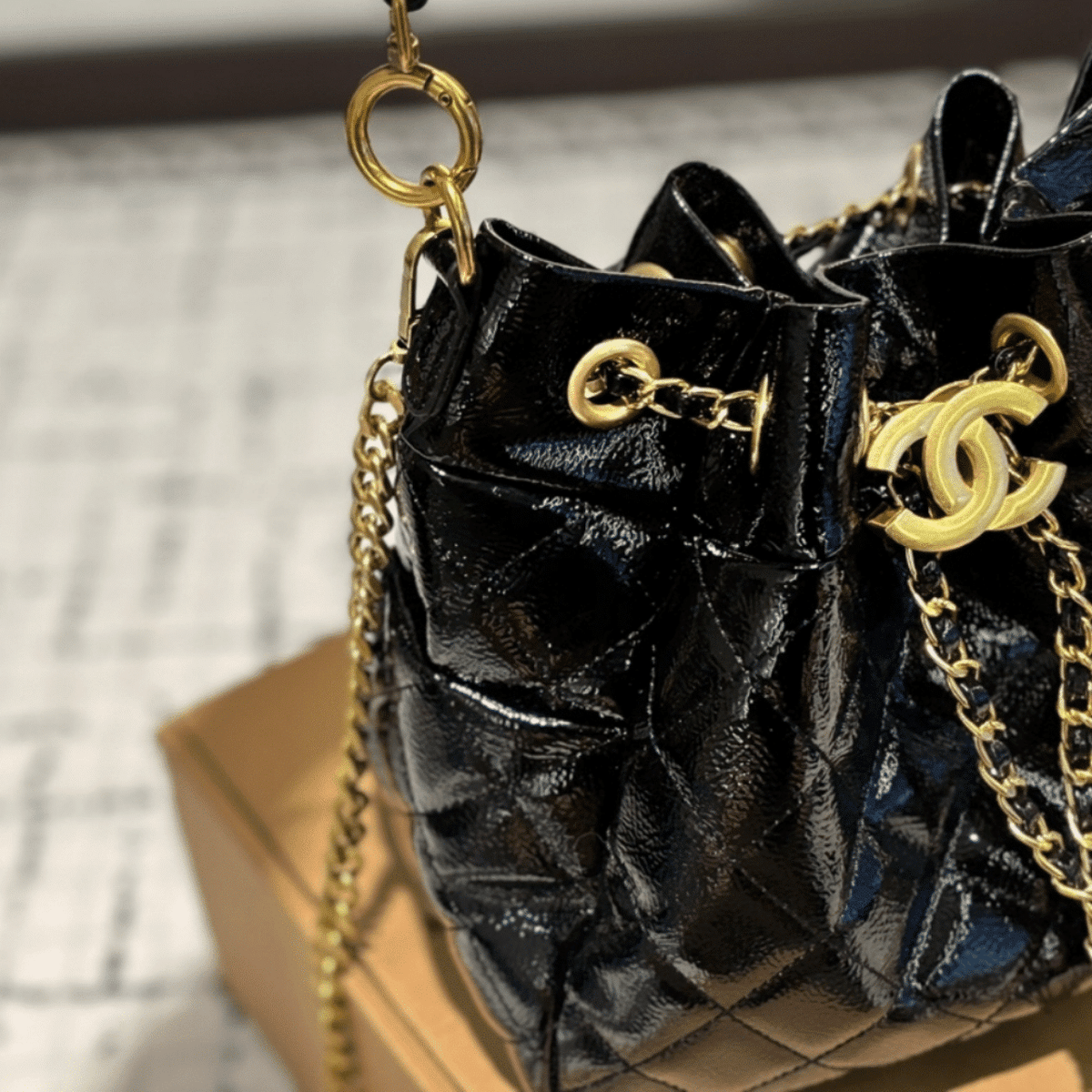 Chanel Draw String Bucket Bag Black 27Cm