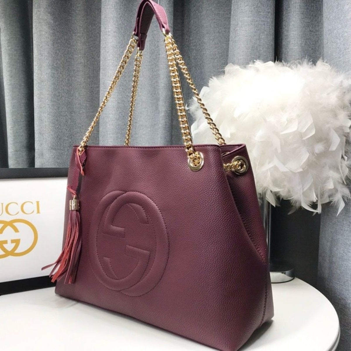 Gucci Soho Chain Tote Bag Dark Red 38Cm