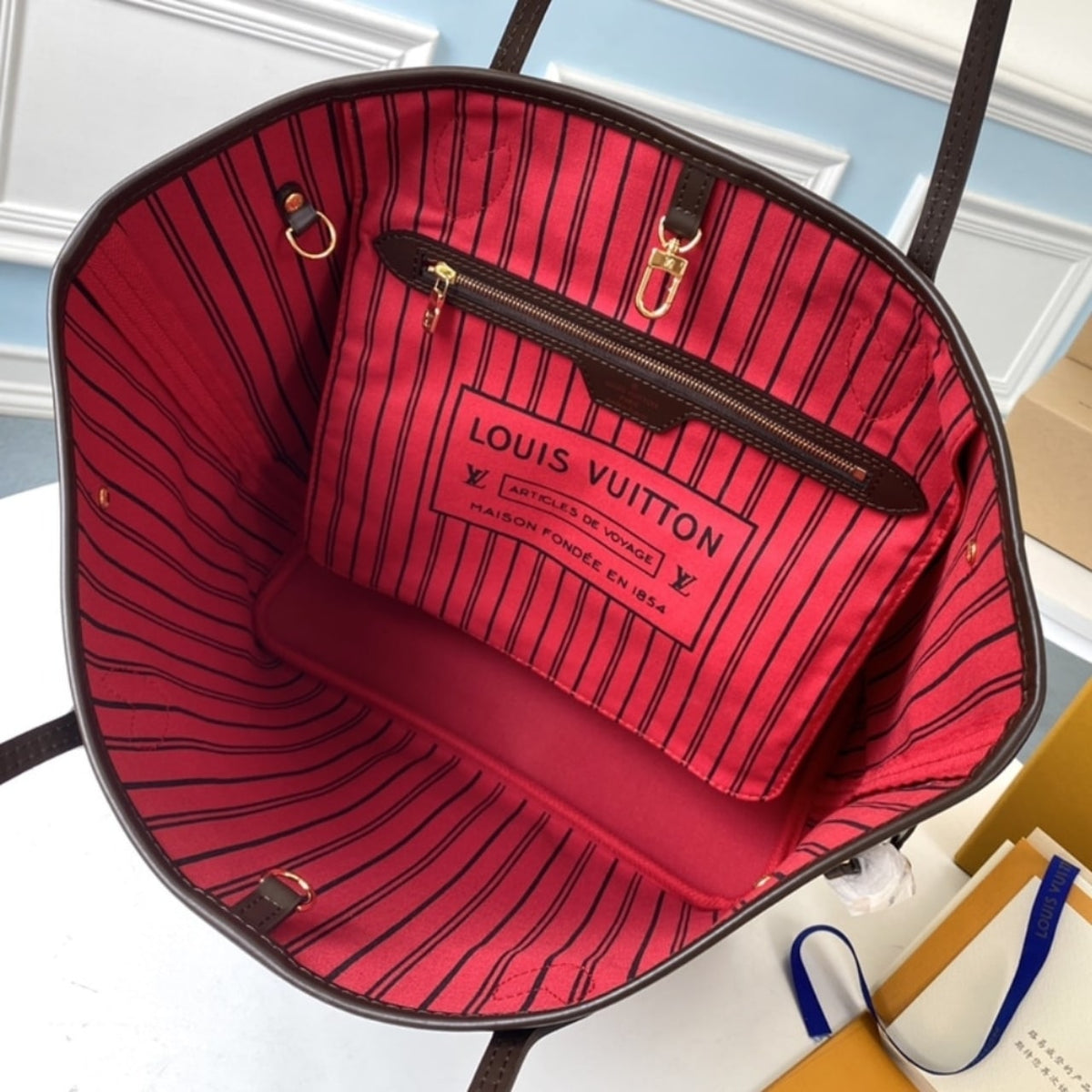 Mirror Quality – Louis Vuitton Neverfull MM Bag Damier Ebene Canvas Cerise Red 31Cm N40599