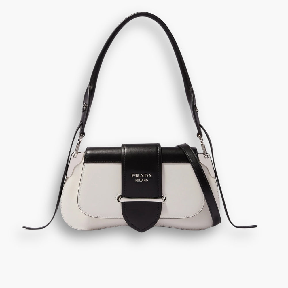 Prada Sidonie Two Tone Leather Shoulder Bag White Black 28Cm 1BD168 2AIX F0964 V OJN