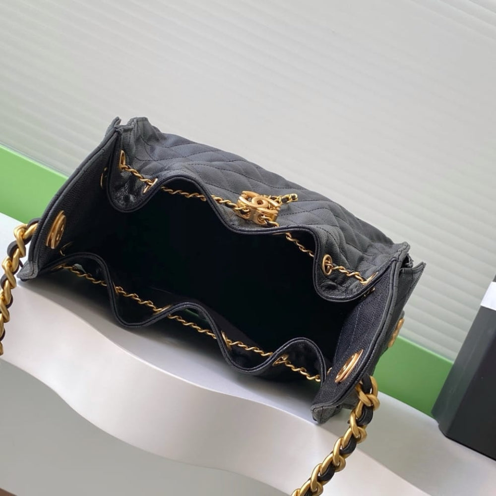 Mirror Quality – Chanel 25 Small Handbag Grained And Gold-Tone Metal Black 26Cm AS5293 B20304 94305