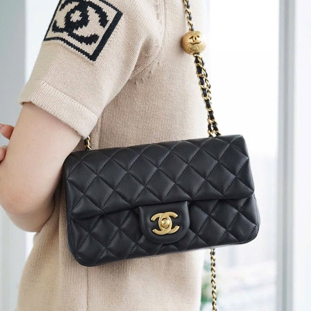 Chanel Mini Classic Handbag Pearl Crush Black 20cm