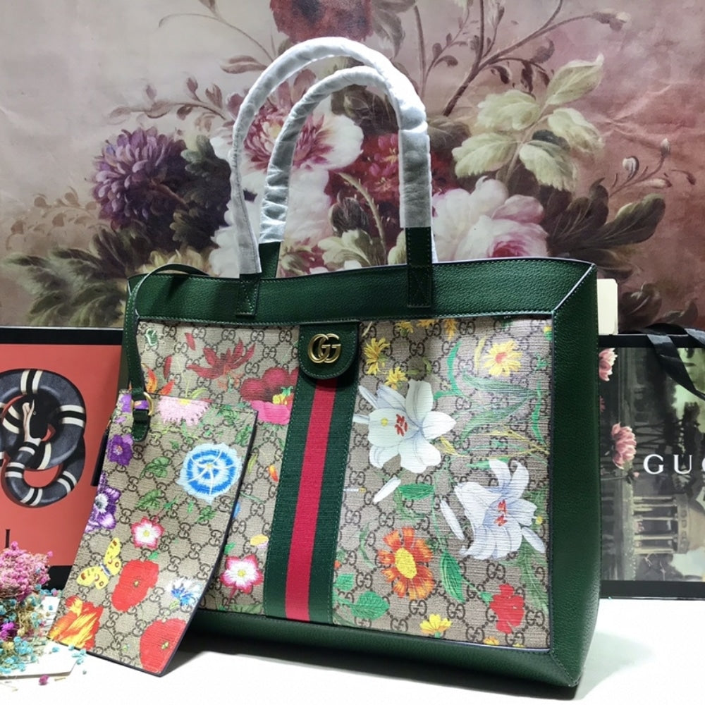 Gucci Ophidia GG Flora Medium Tote In Green 44cm