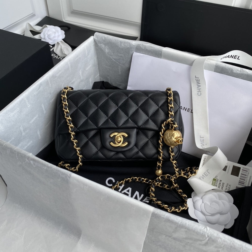 Chanel Mini Classic Handbag Pearl Crush Black 20cm