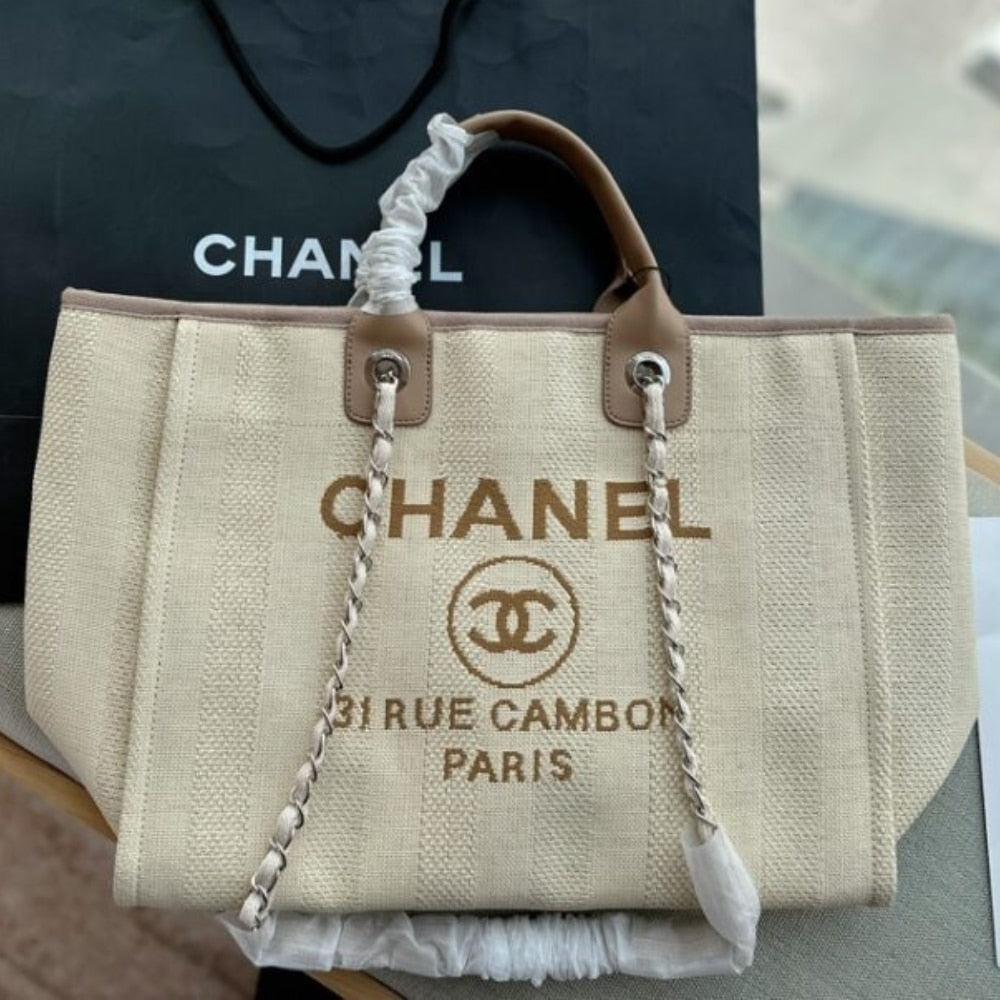 Chanel Deauville Medium Tote Beige And Brown Canvas 38cm