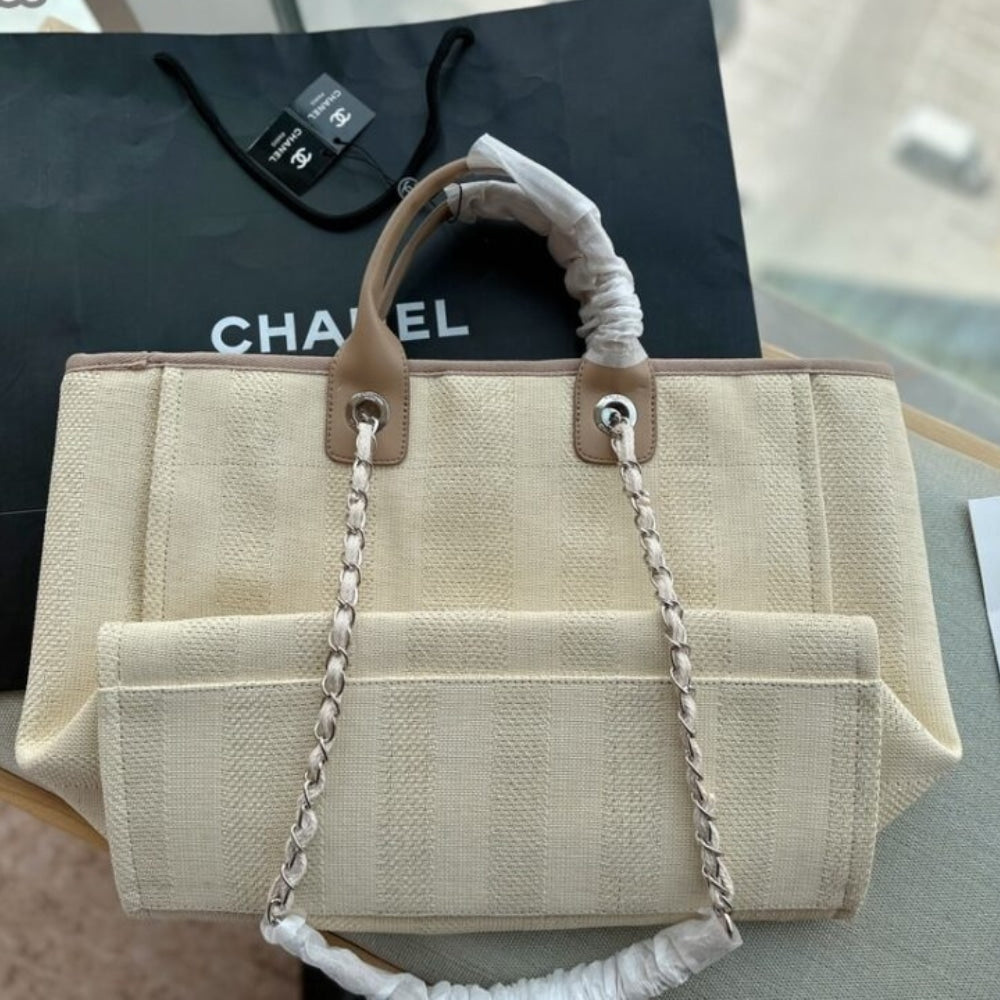 Chanel Deauville Medium Tote Beige And Brown Canvas 38cm