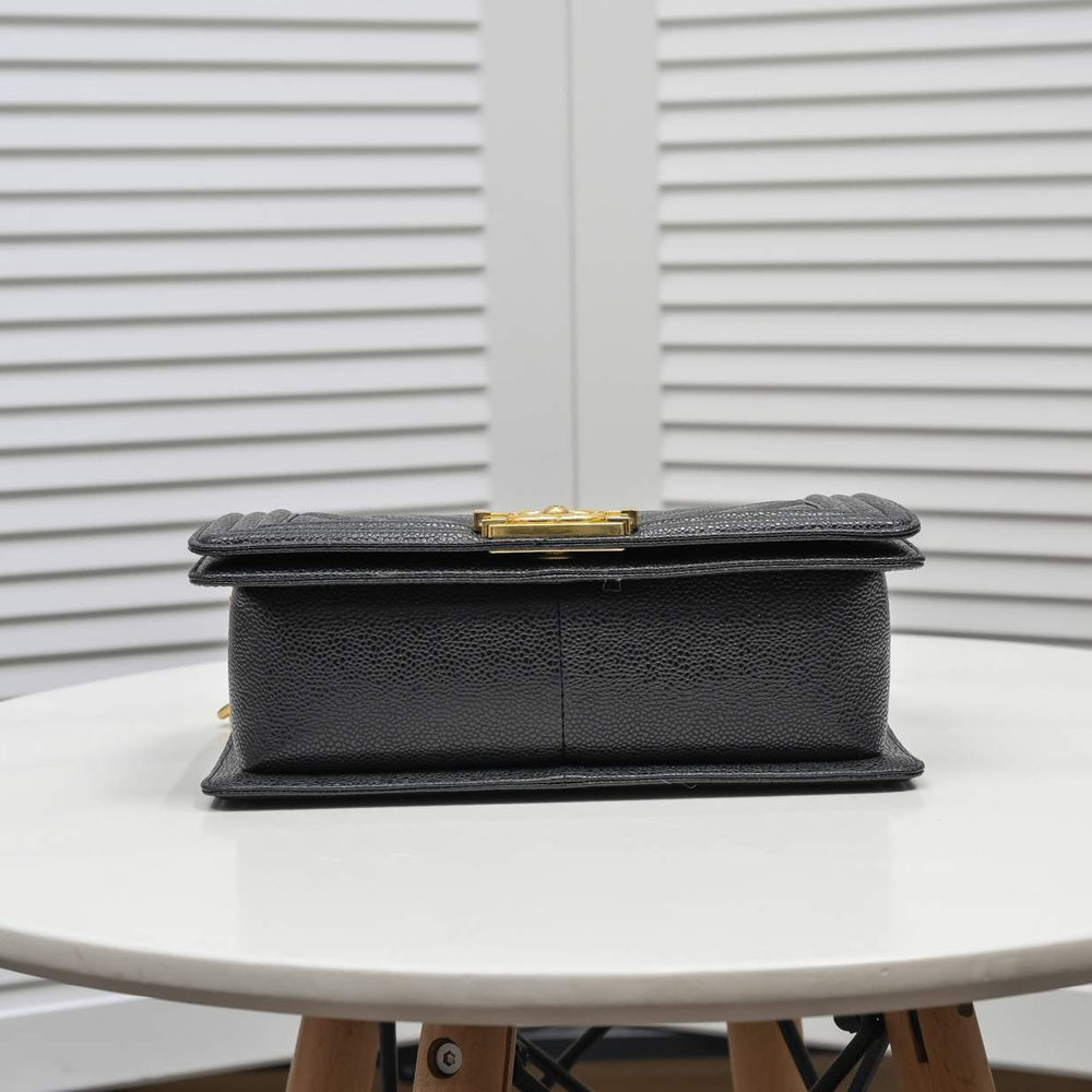 Chanel Boy Chevron Medium Handbag Black In Gold 25cm