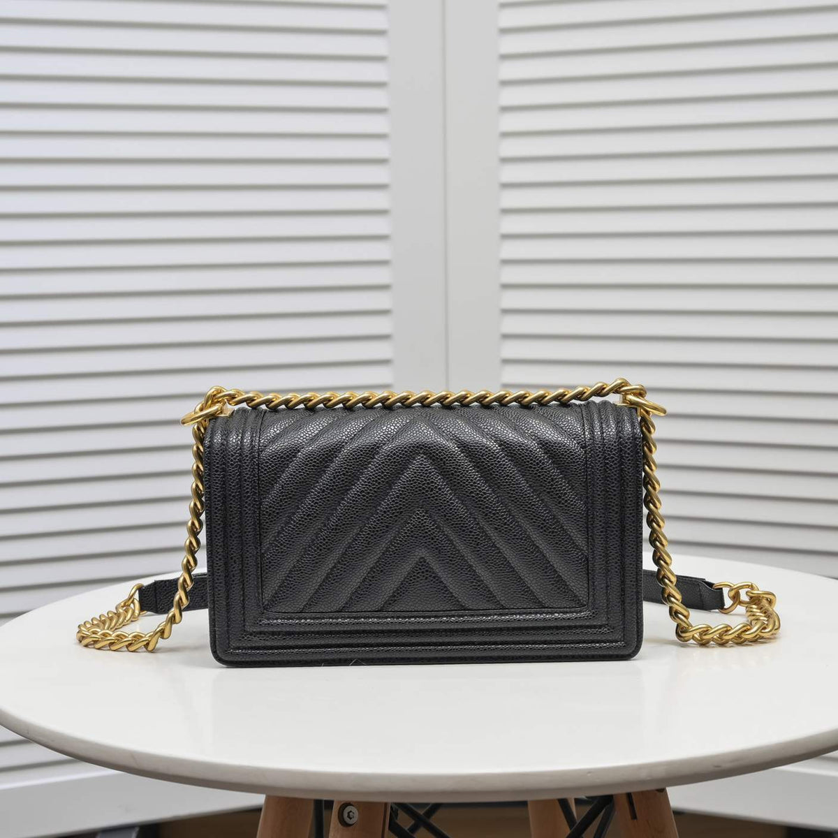 Chanel Boy Chevron Medium Handbag Black In Gold 25cm