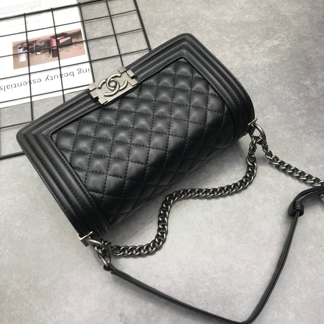 Chanel Boy Medium Handbag Leather Black 25cm A67086 Y09953 94305