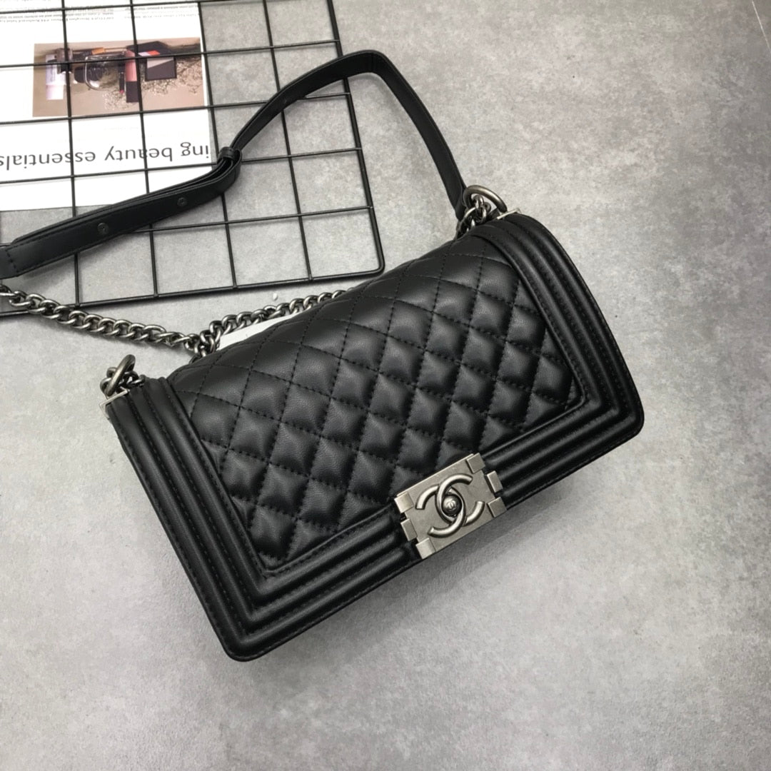 Chanel Boy Medium Handbag Leather Black 25cm A67086 Y09953 94305
