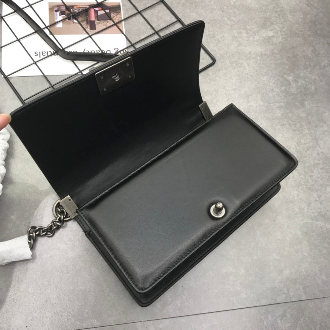 Chanel Boy Chevron Medium Handbag In Silver Black 25cm