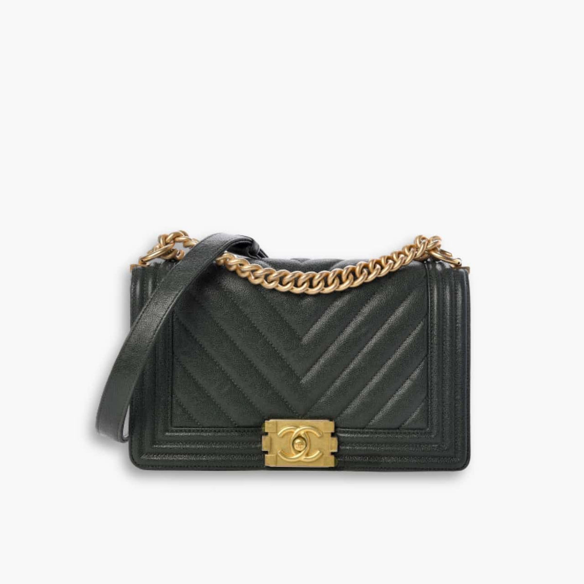 Chanel Boy Chevron Medium Handbag Black In Gold 25cm