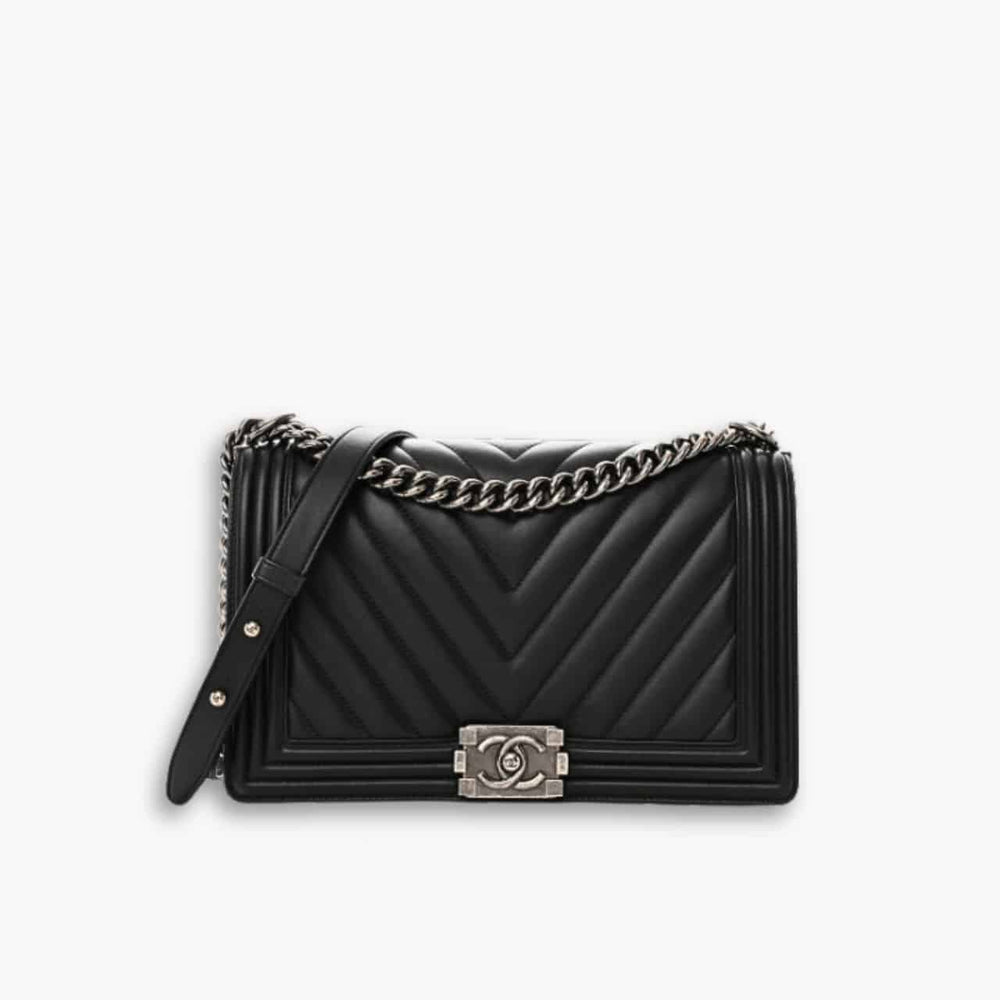 Chanel Boy Chevron Medium Handbag In Silver Black 25cm