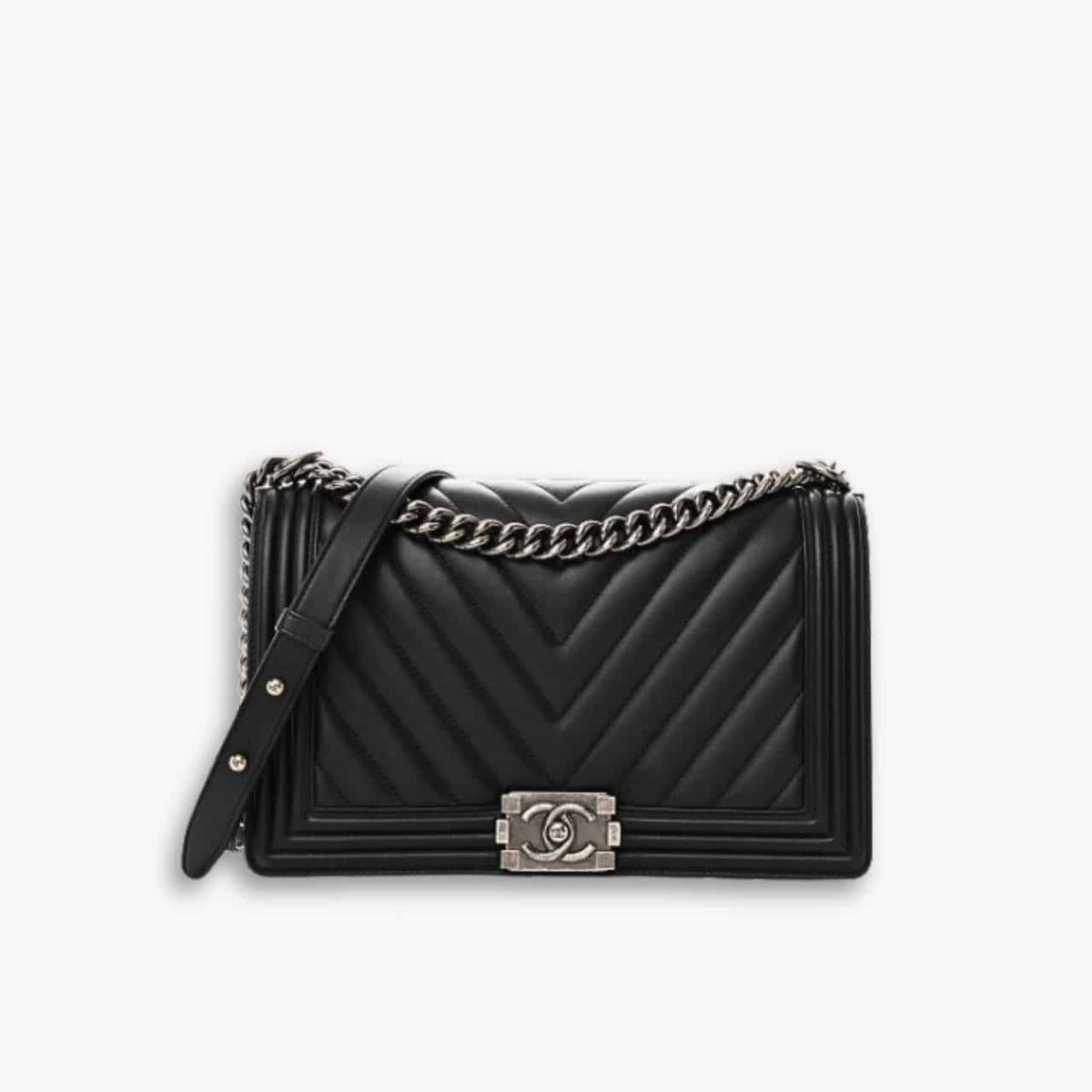 Chanel Boy Chevron Medium Handbag In Silver Black 25cm