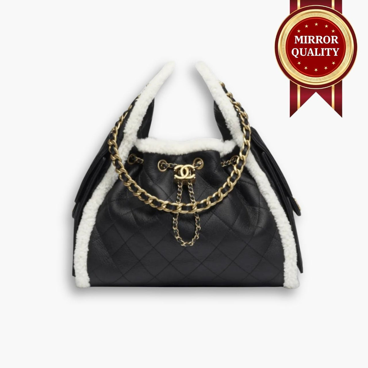 Mirror Quality – Chanel 25 Small Handbag Gold Tone Metal Black And White 26Cm AS5293 B22309 U4139