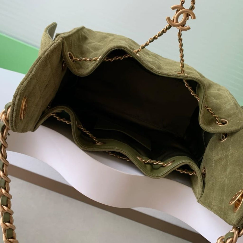 Mirror Quality – Chanel 25 Small Handbag Suede Leather Khaki 26Cm