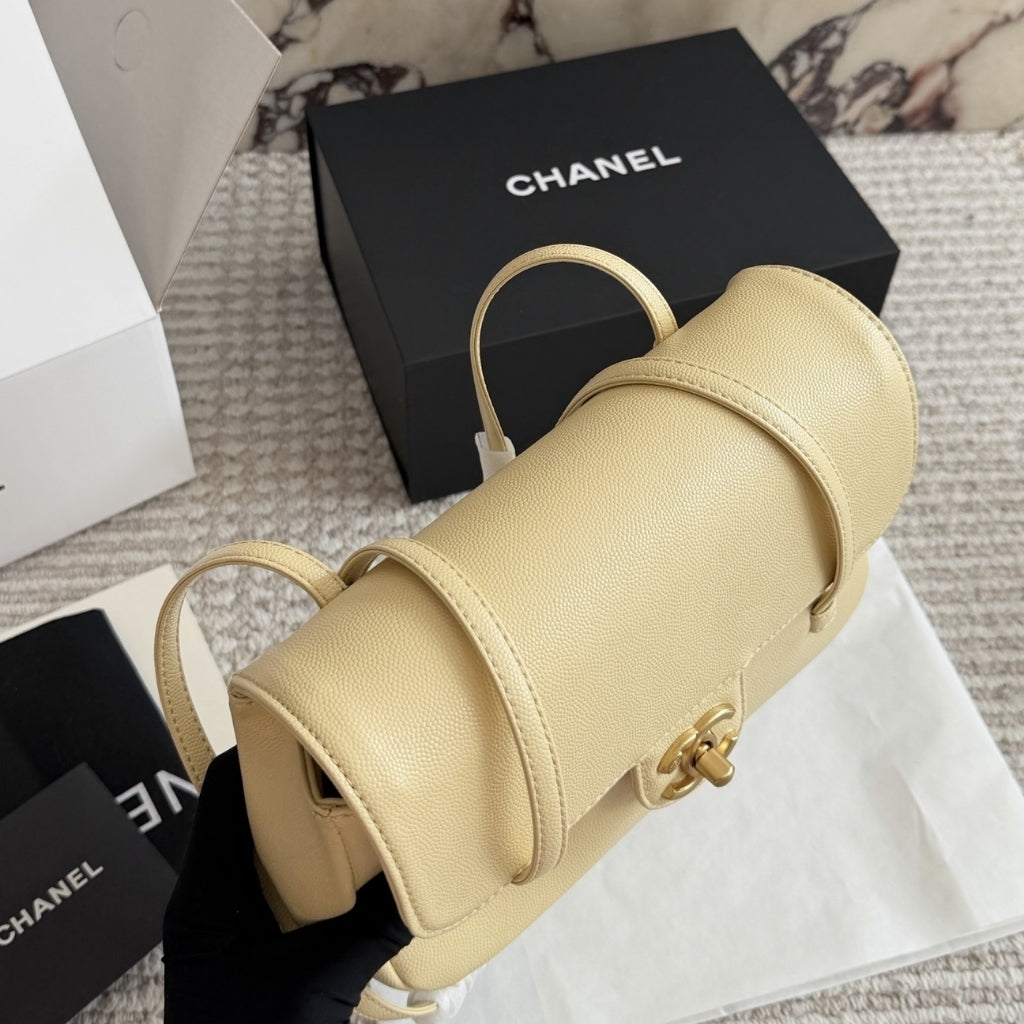 Chanel Small Flap Bag Grained Shiny And Gold Tone Light Yellow 22cm