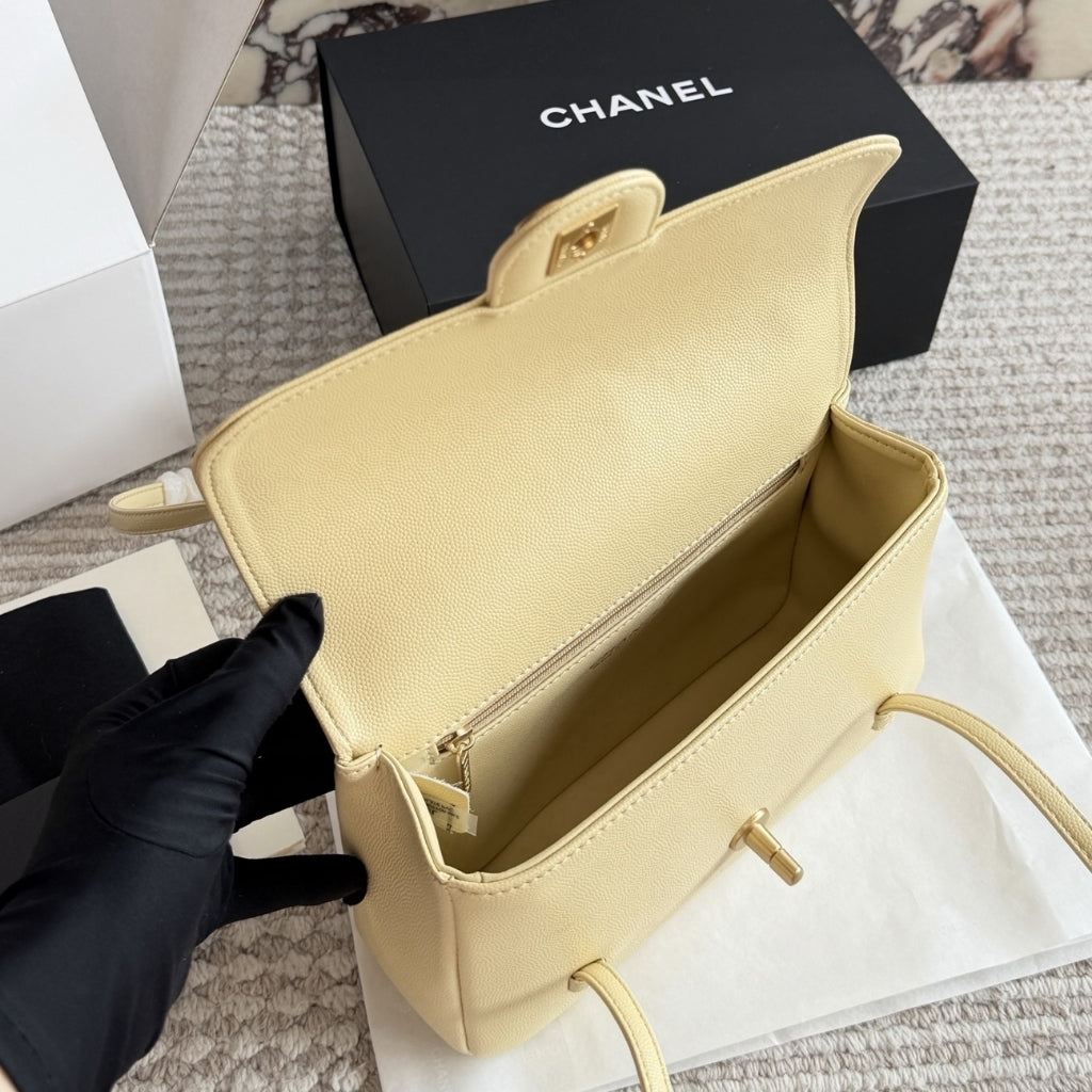 Chanel Small Flap Bag Grained Shiny And Gold Tone Light Yellow 22cm