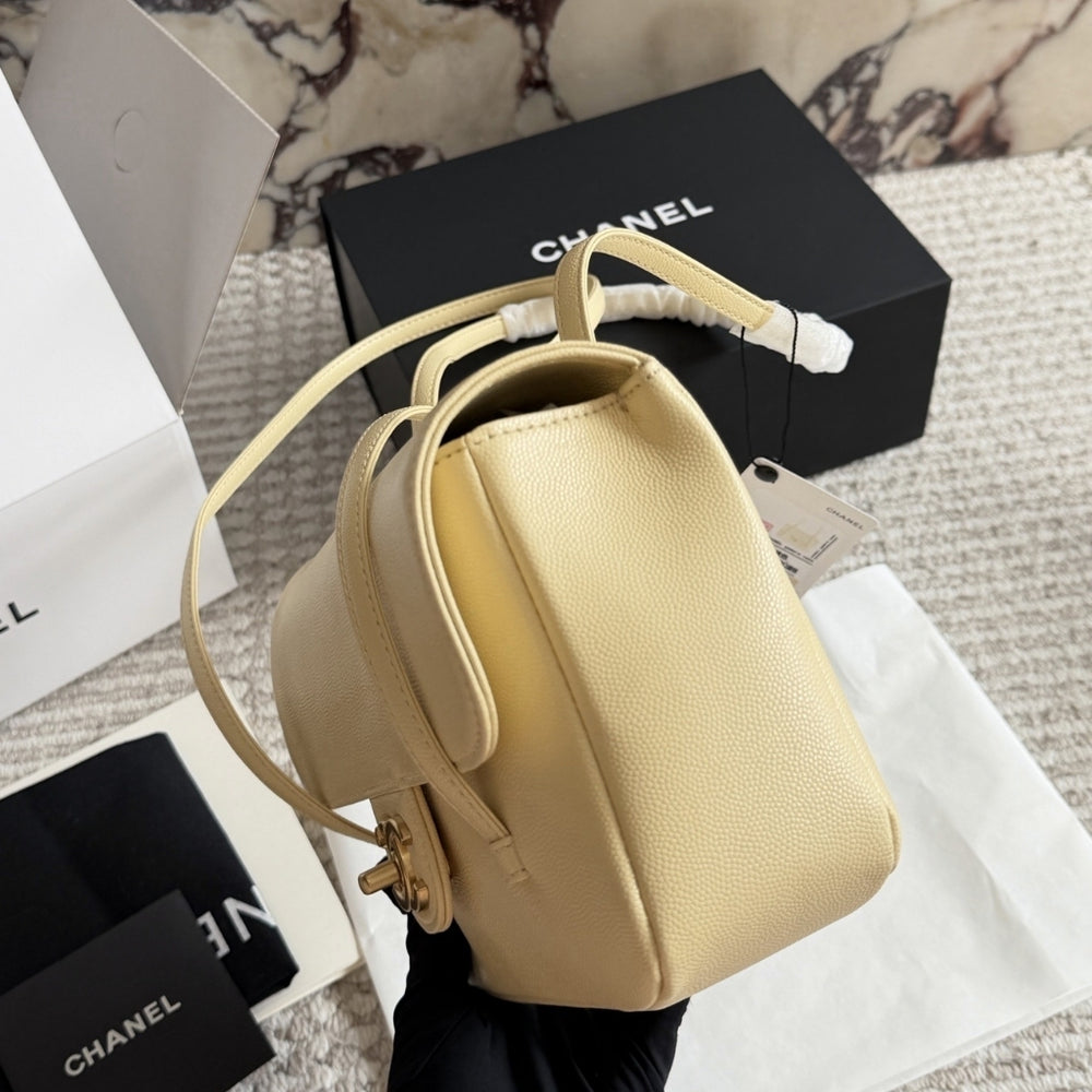 Chanel Small Flap Bag Grained Shiny And Gold Tone Light Yellow 22cm