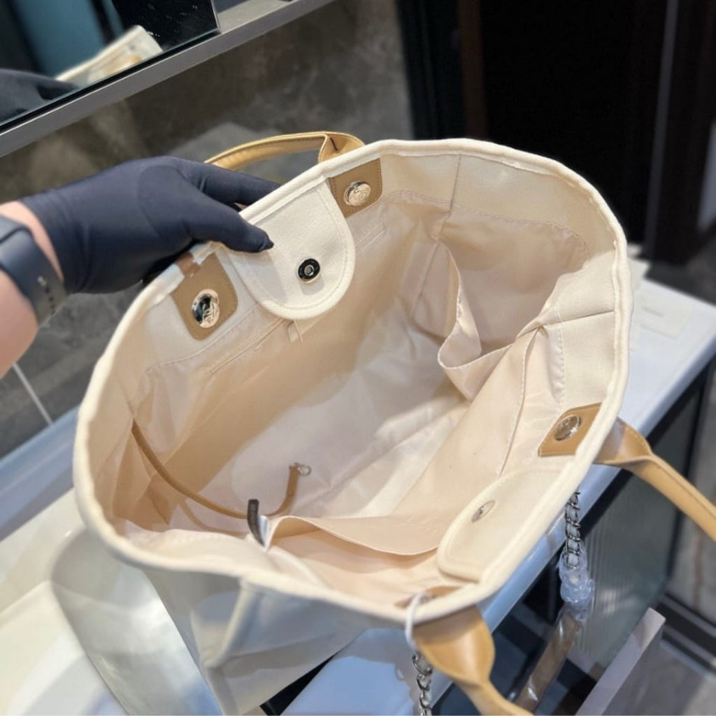 Chanel Deauville Large Tote Shopping Bag Canvas Pearl Light Beige 38cm
