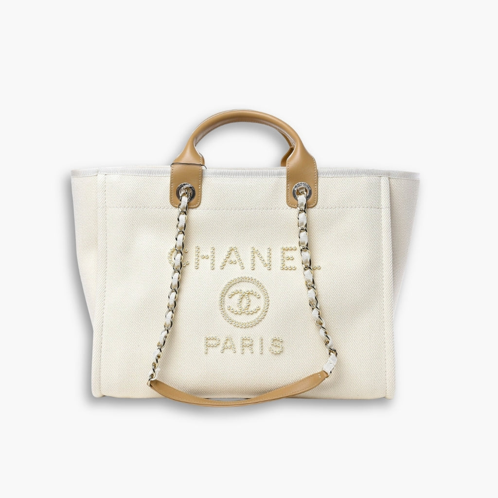 Chanel Deauville Large Tote Shopping Bag Canvas Pearl Light Beige 38cm