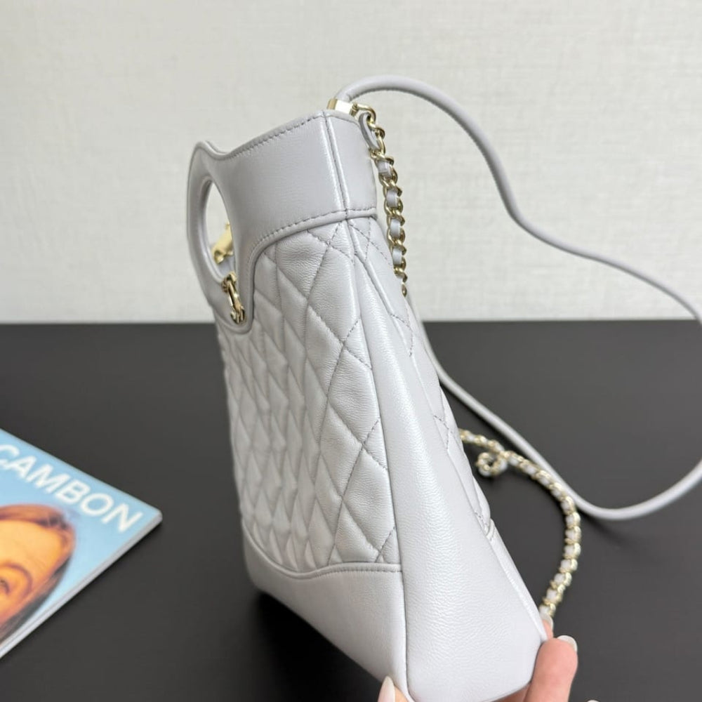 Mirror Quality – Chanel Shopping Bag Quilted Clutch With Chain Gold Tone Metal Grey 24Cm