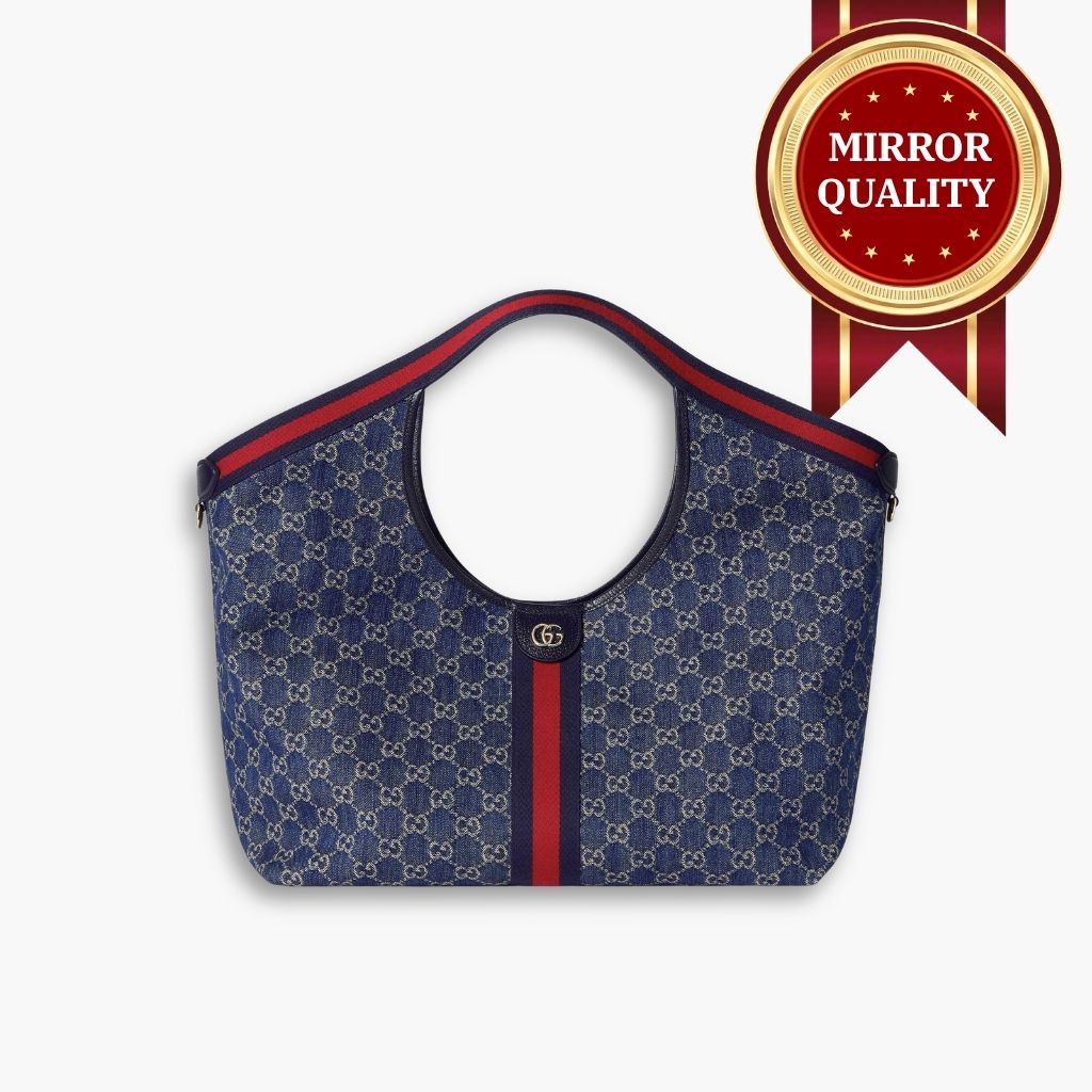Mirror Quality – Gucci Giglio Large Tote Bag GG Denim Blue And White 60Cm 853971 FAFFQ 8864