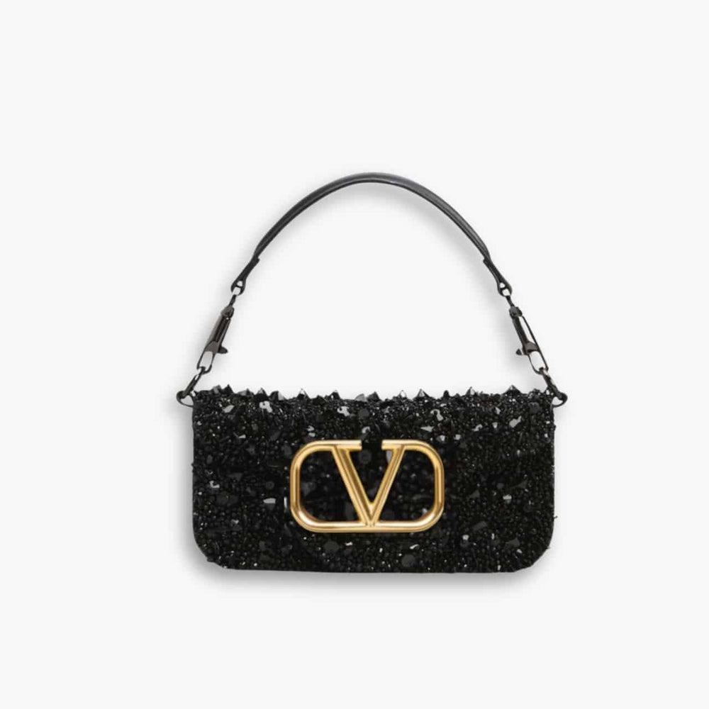 Valentino Loco Medium Vlogo Sequins Shoulder Bag Black 26cm