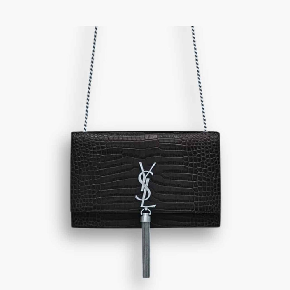 Saint Laurent Kate Medium Tassel In Crocodile Mirror Effect Black 24cm