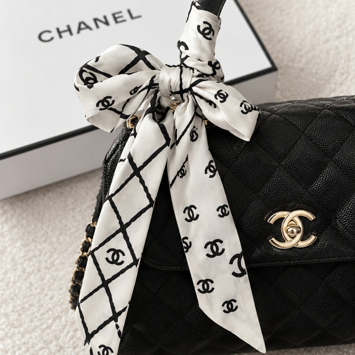 Chanel Silk Bandeau Scarf White Black 120Cm