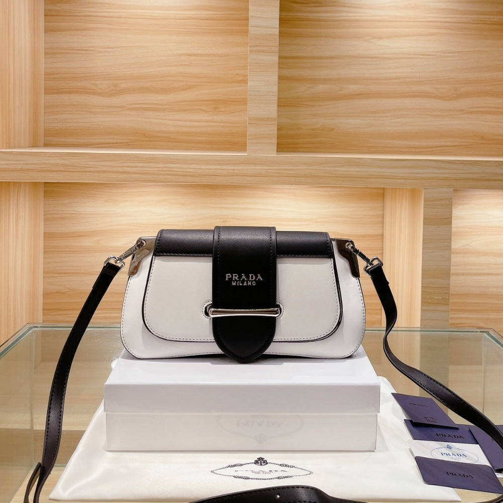Prada Sidonie Two Tone Leather Shoulder Bag White Black 28Cm 1BD168 2AIX F0964 V OJN