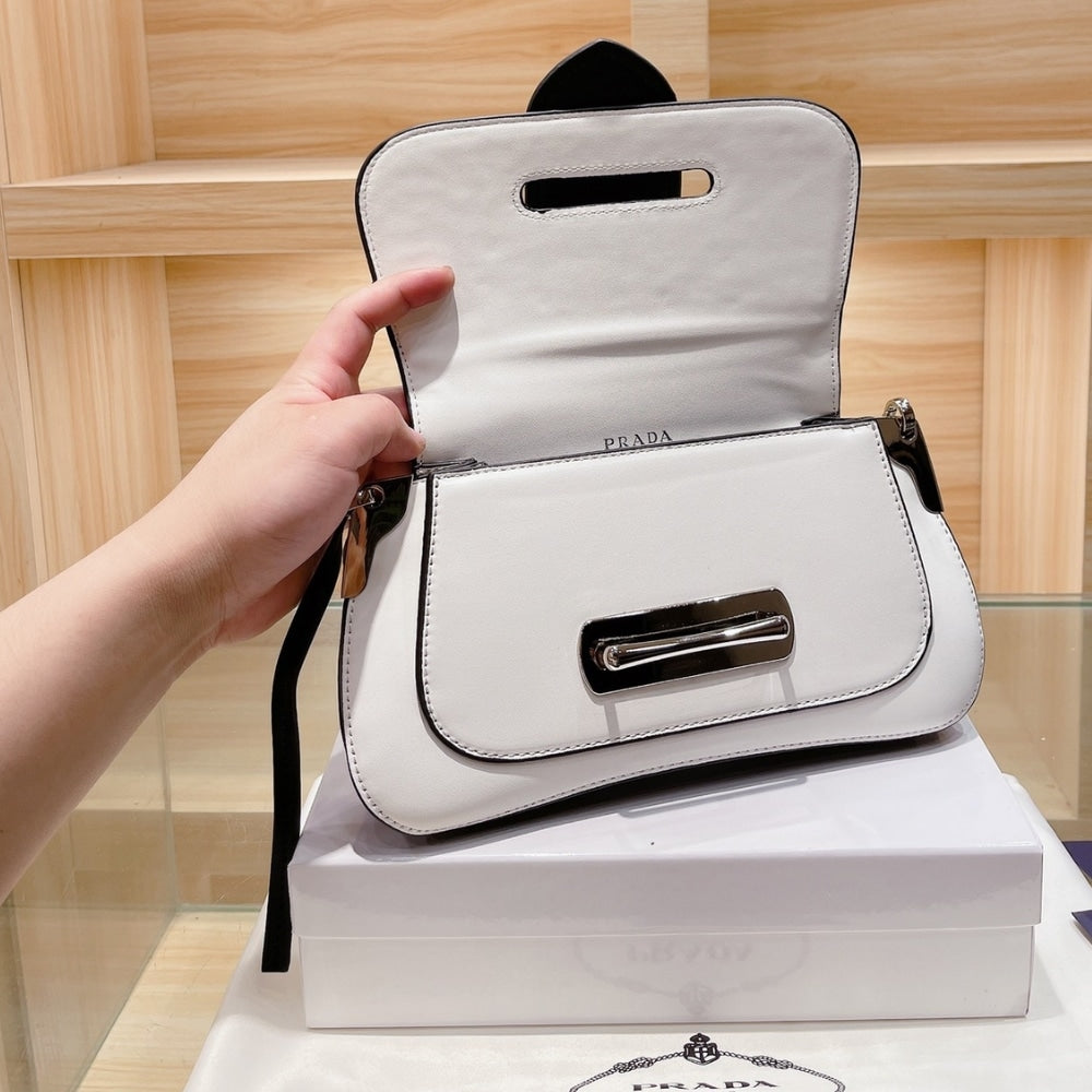 Prada Sidonie Two Tone Leather Shoulder Bag White Black 28Cm 1BD168 2AIX F0964 V OJN
