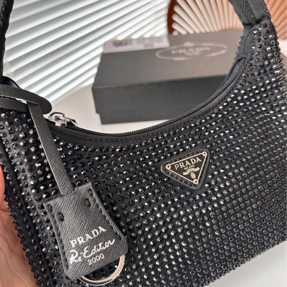 Prada Re Edition Mini Satin Bag With Crystals Black 22Cm 1BC515 2AWL F0002 V OOO