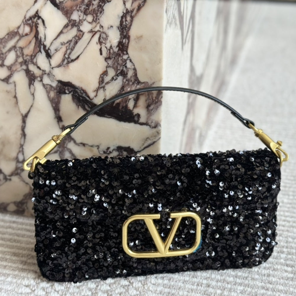 Valentino Loco Medium Vlogo Sequins Shoulder Bag Black 26cm