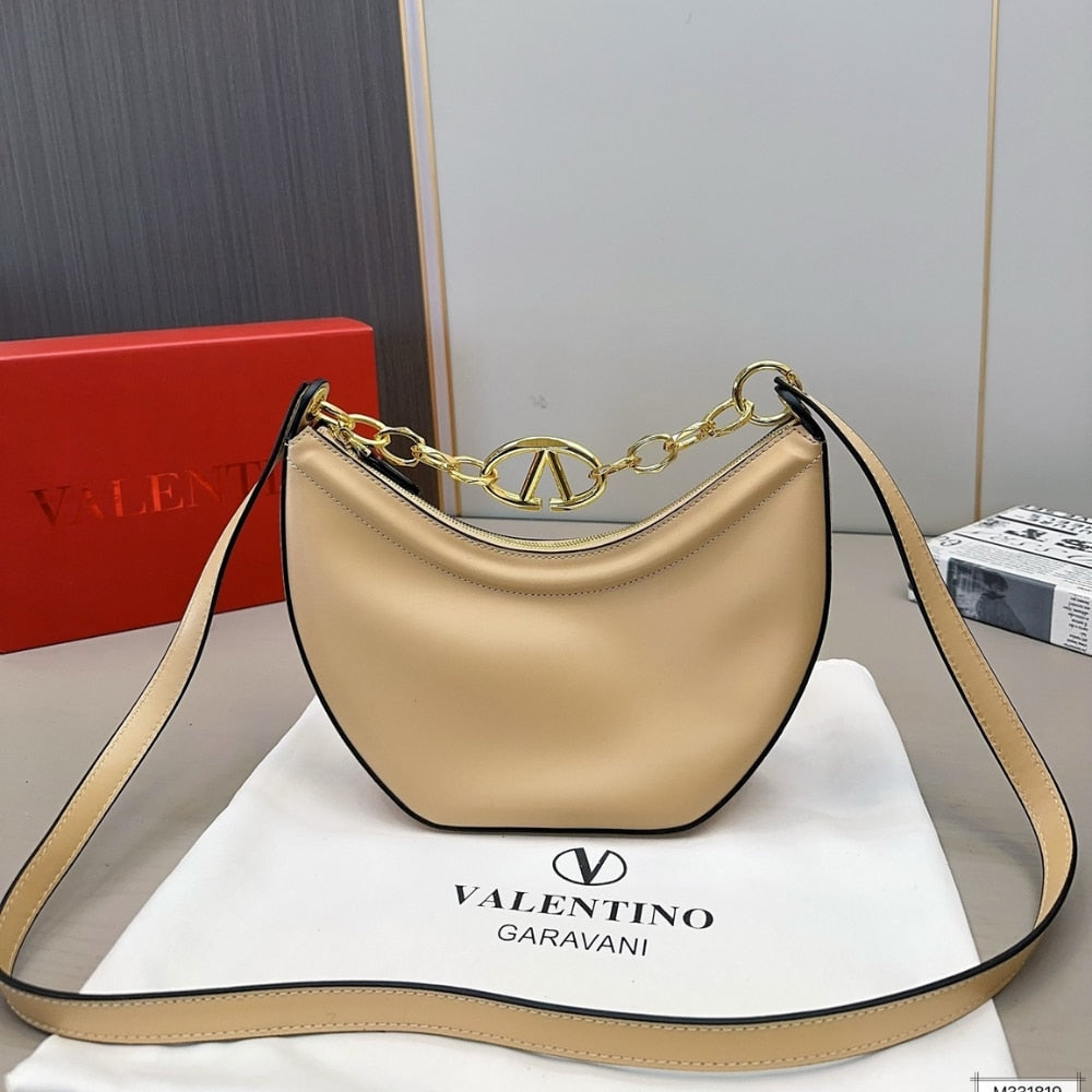 Valentino Small Vlogo Moon Hobo Bag With Chain Beige 24cm
