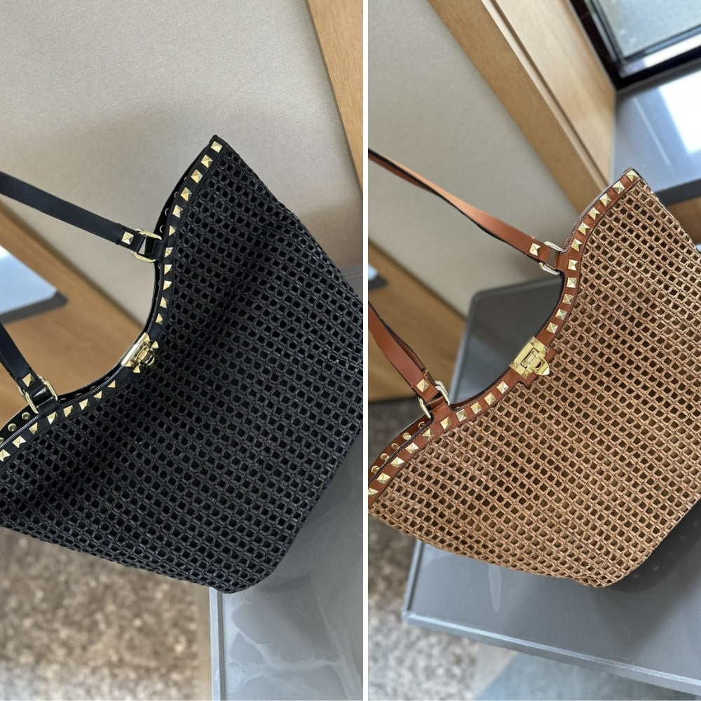 Valentino Garavani Rockstud Raffia Tote Bag Black 31cm