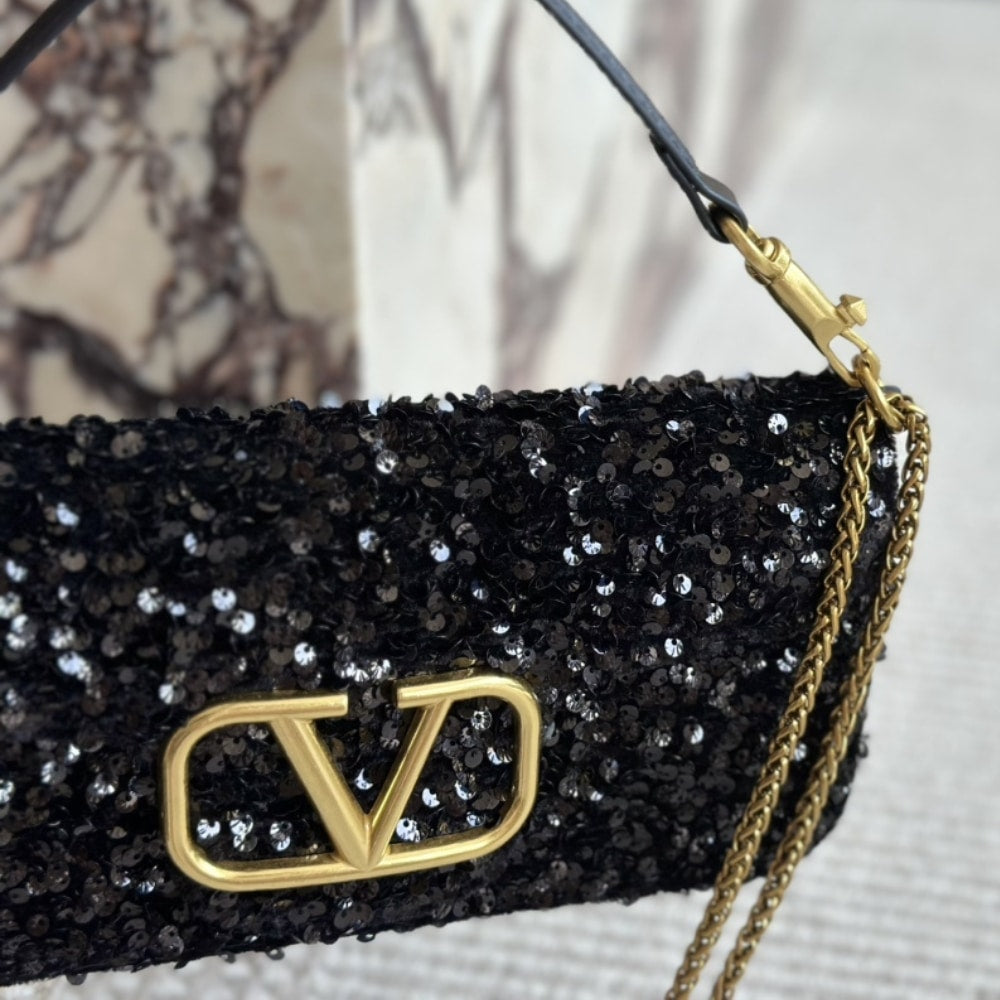 Valentino Loco Medium Vlogo Sequins Shoulder Bag Black 26cm