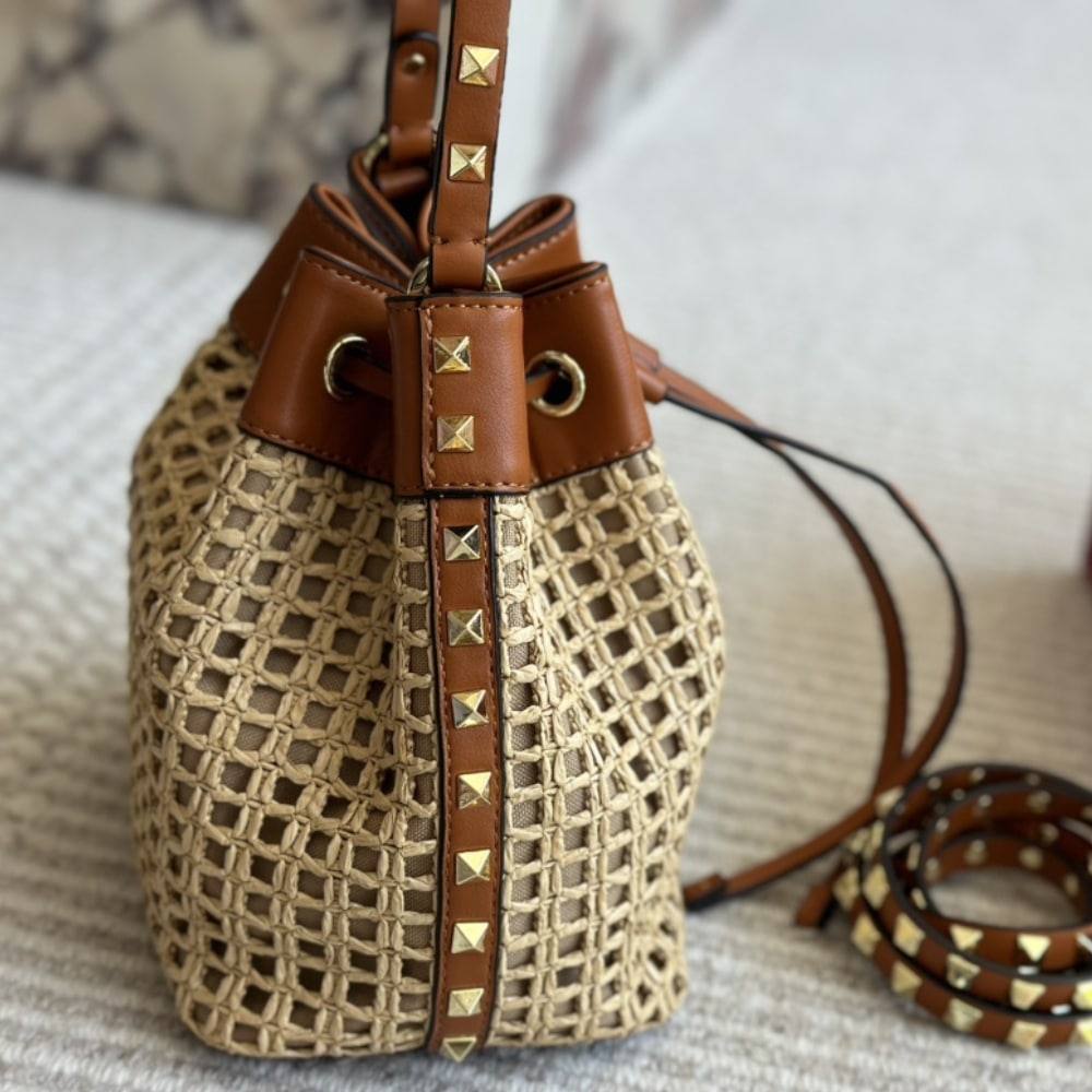 Valentino Rockstud Woven Bucket Bag Brown 19cm
