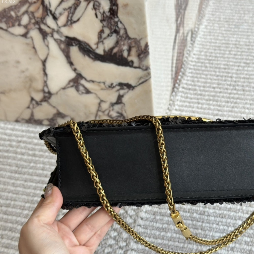 Valentino Loco Medium Vlogo Sequins Shoulder Bag Black 26cm